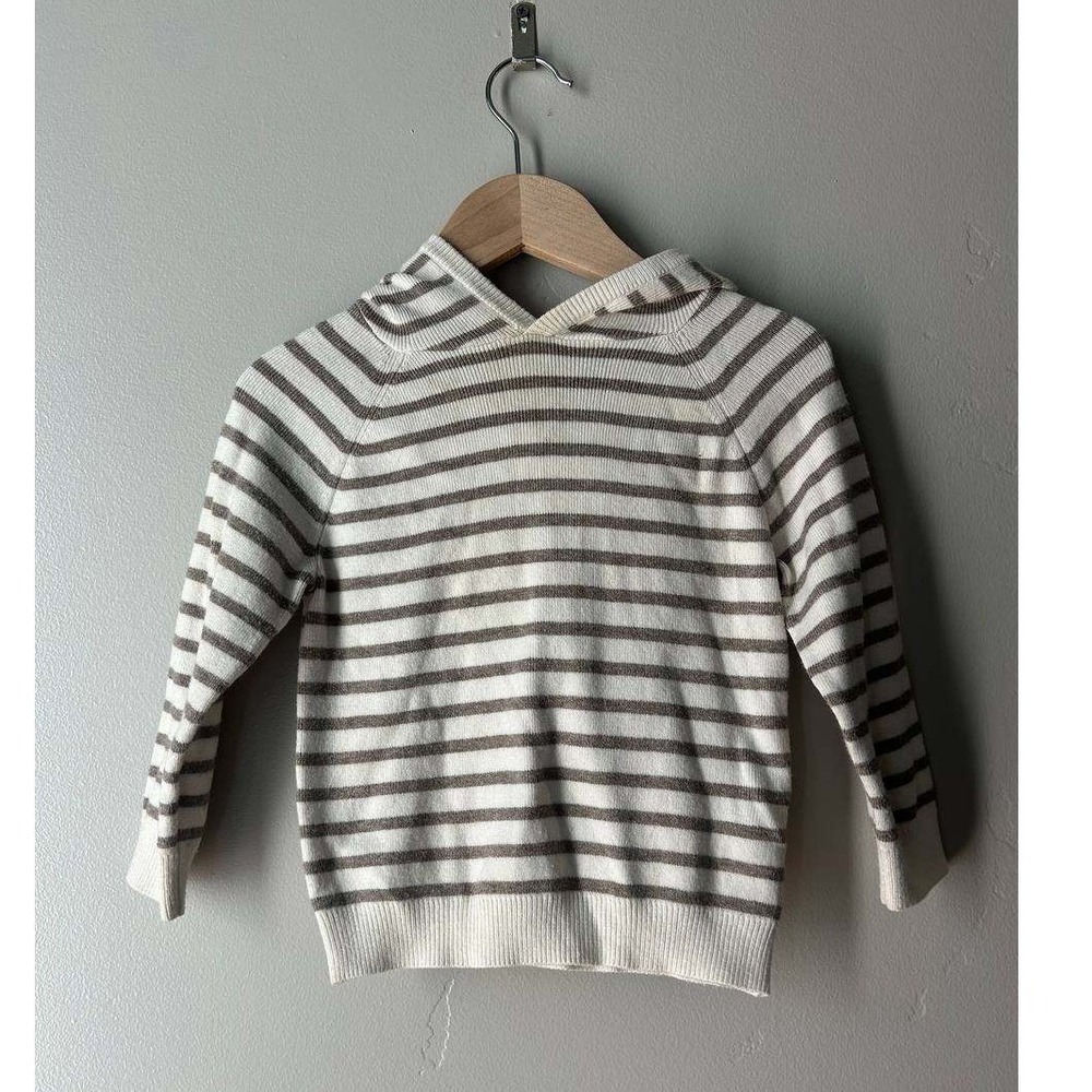 Zara Striped Hooded Knit Sweater Cream Taupe Neutral Scandi Minamalist Cozy